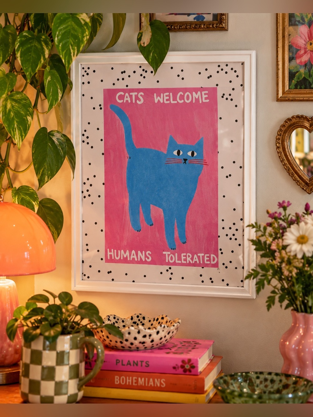 Cats Welcome, Humans Tolerated Blue Pink Canvas Art Print Polka Dot Framed Art